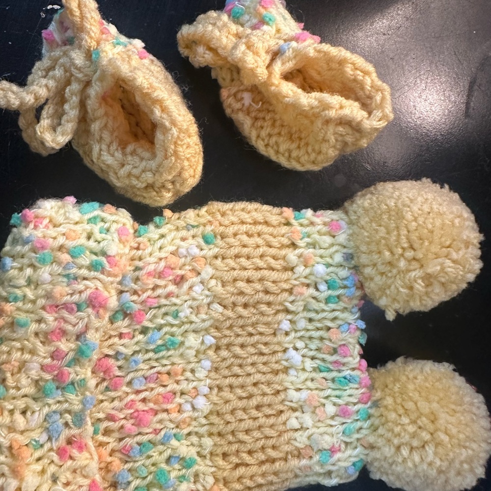 Yellow Handmade Knitted Baby Hat with two pom poms and Booties Set infant baby